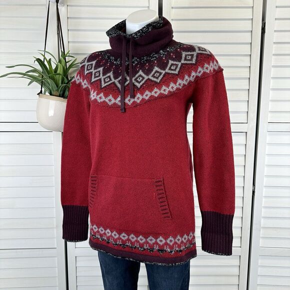 Eddie Bauer Red Wool Mohair Blend Fair Isle Holiday Sweater Nordic Knit Size M - Picture 1 of 11